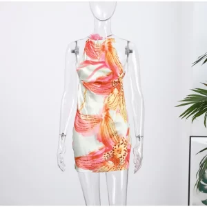 Halter Printed Mini Dress Women Sexy Sleeveless Backless Hip Package Dresses Female 2025 Summer Vacation Beach Lady Bodycon Robe