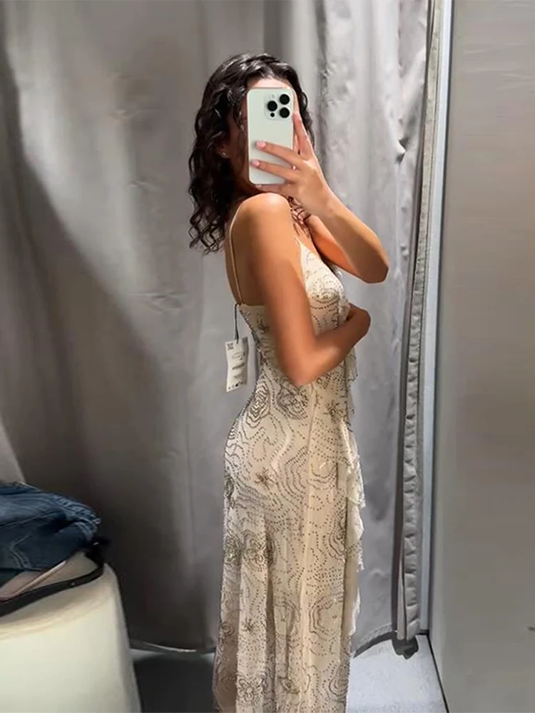 Sequin Bead Embroidery Long Dresses Women Sleeveless Ruffle Backless V Neck Sling Dress Female 2025 Summer Evening Party Vestido - Image 7