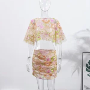 Embroidery Print Women's Two Piece Suit Transparent Short Sleeve Irregular Top Hip Package Sequined Mini Skirt Lady Party Suits
