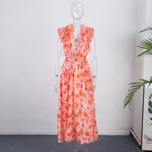 Elegant Floral Print Long Dress Women Temperament Deep V-neck Waist Ruffle Party Dresses Sexy Tie-up Backless High Street Robes