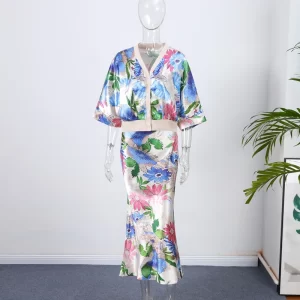 Printed Women's Shirt Skirt Suit V-neck Three Quarter Sleeve Shirts High Waist Skirts Lady Set 2025 Autumn Evening Party Outfits