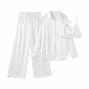 Elegant Silk 3 Piece Sets Women Fashion Long Sleeve Shirt Halter Bra With High Waist Wide Leg Pants Suit 2025 Autumn Lady Outfit