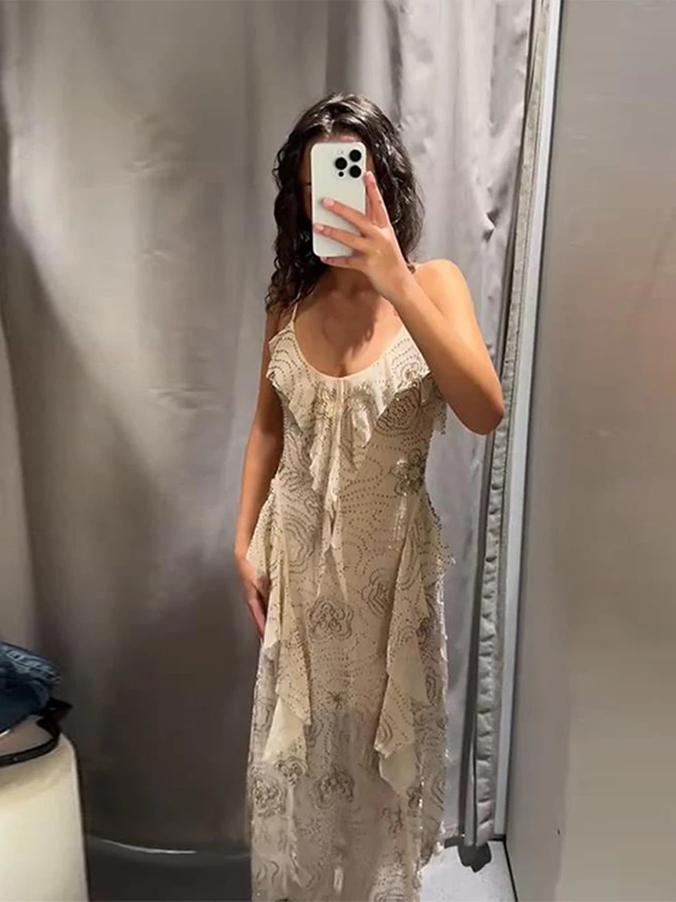 Sequin Bead Embroidery Long Dresses Women Sleeveless Ruffle Backless V Neck Sling Dress Female 2025 Summer Evening Party Vestido - Image 5