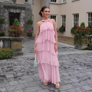 Chiffon Ruffles Layered Dresses Women's Elegant 3D Flower Backless Sleeveless Fluffy Long Dress 2025 Summer Beach New Lady Robes