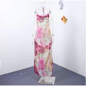 Beach Maxi Dresses Women Sexy Floral Printed Sleeveless Backless Halter Dress Lady Deep V-neck 2025 Summer Vintage Vacation Robe