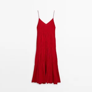 Backless Halter Long Dresses Women Sexy Red Pleated Large Skirt Hem Sleeveless Lady Loose Robe 2025 Summer Holiday Beach Dresses