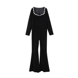 Diamond Velvet Jumpsuits Women Black Long Sleeve Square Collar Casual High Waist Female Jumpsuit 2025 Spring Elegant Lady Romper