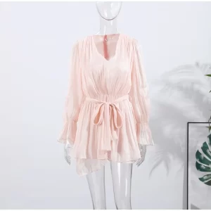 Ruffles Mini Dress Women Lace Up  V Neck Long Sleeve Pleated Female Dresses 2025 Elegant Summer Autumn Street Loose Ladies Robes
