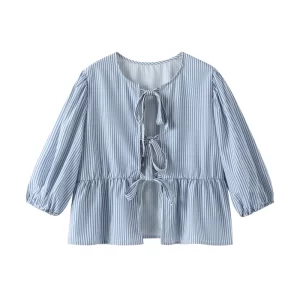 Striped Lace Up Women Shirt Half Sleeve O-neck Bow Female Top 2024 Fashion Casual Loose Spring Summer Hollow Out Lady Outwear