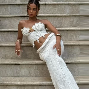 Pearl Crop Top Skirts Set Women Sexy Hollow Out Bikini Beach Crochet Tops Slim Hip Package Skirt 2025 Summer Party Lady Outfits