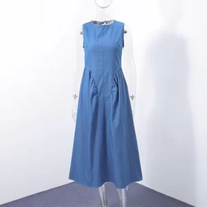 Backless Denim Dress Women Elegant Lace Up O-neck Sleeveless High Waist Pleated Dresses 2025 Summer New Fashion Lady A Line Robe