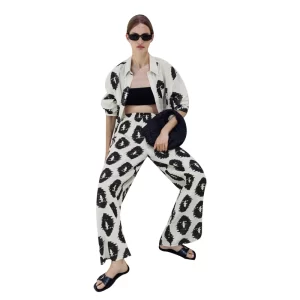 Printed Women Trouser Suits Turn-down Collar Single Breasted Loose Shirts Straight Trousers 2024 Summer New Fashion Lady Sets