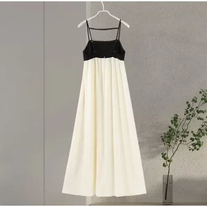 Contrast Color Sling Dresses Women Sleeveless Backless Square Collar Female Dress 2024 Fashion High Waist Summer Sexy Lady Robe