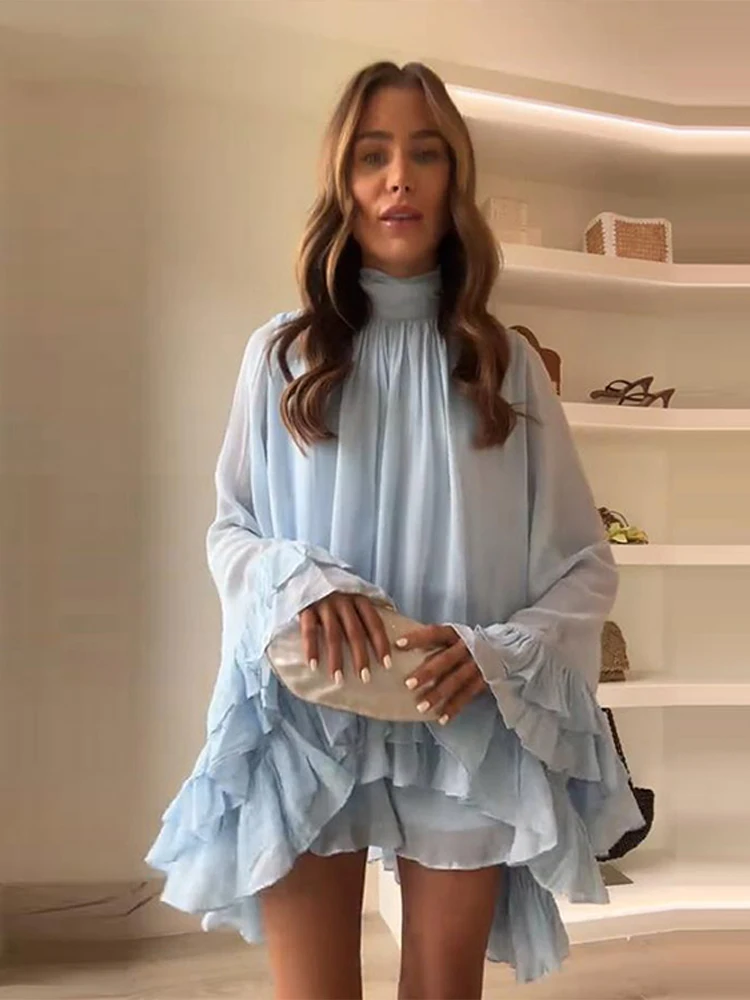 Chic Ruffle Hem Mini Dress with Stand Collar & Flare Sleeves for Women - Image 3