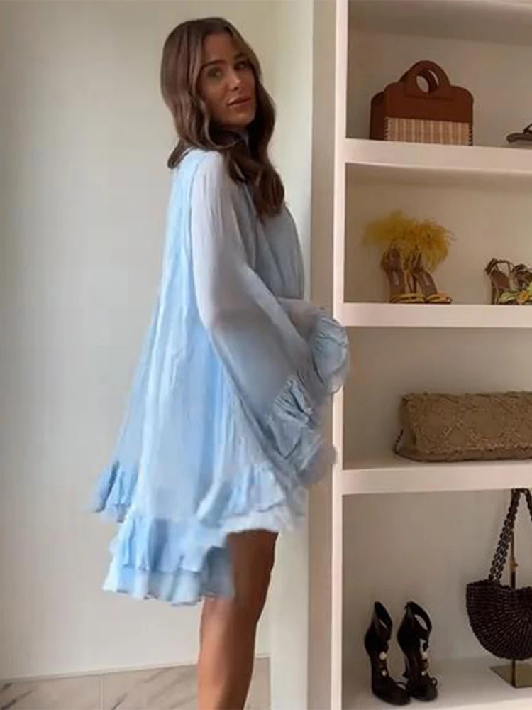 Chic Ruffle Hem Mini Dress with Stand Collar & Flare Sleeves for Women - Image 4