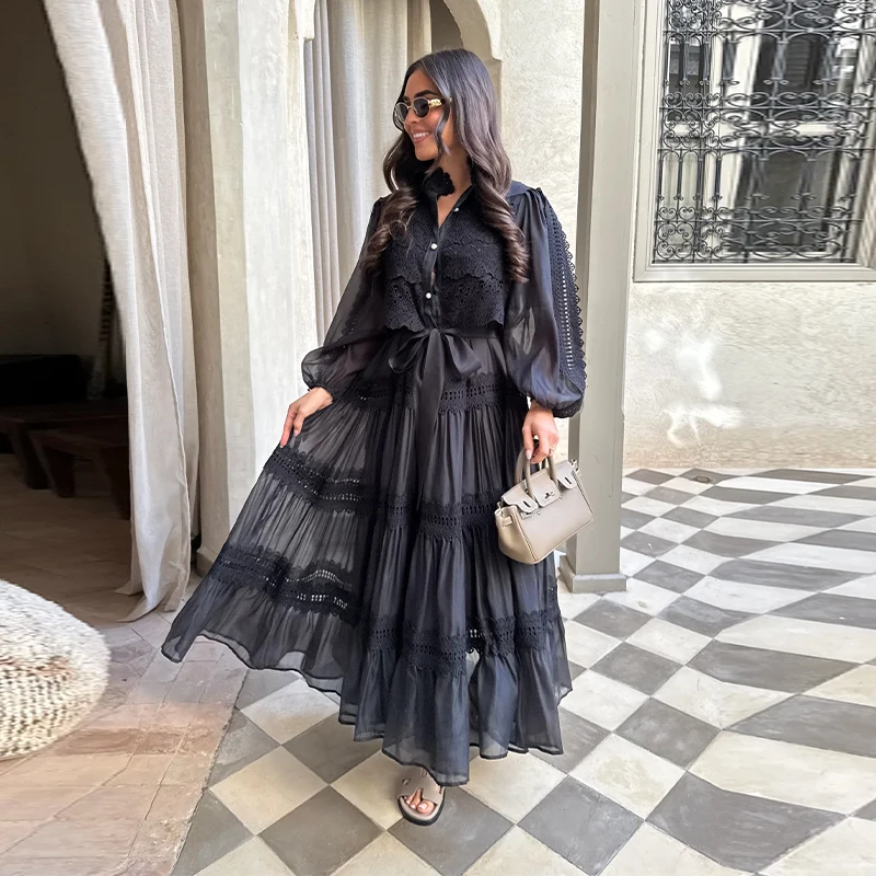 Elegant Embroidery Lace A-Line Dress with Full Sleeves & Belt