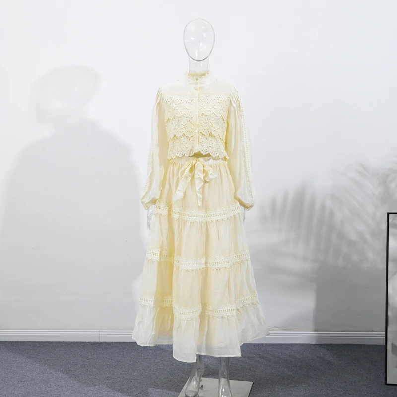 Elegant Embroidery Lace A-Line Dress with Full Sleeves & Belt - Image 2