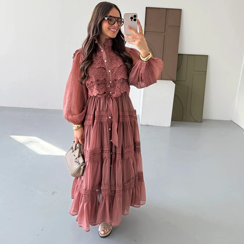 Elegant Embroidery Lace A-Line Dress with Full Sleeves & Belt - Image 3