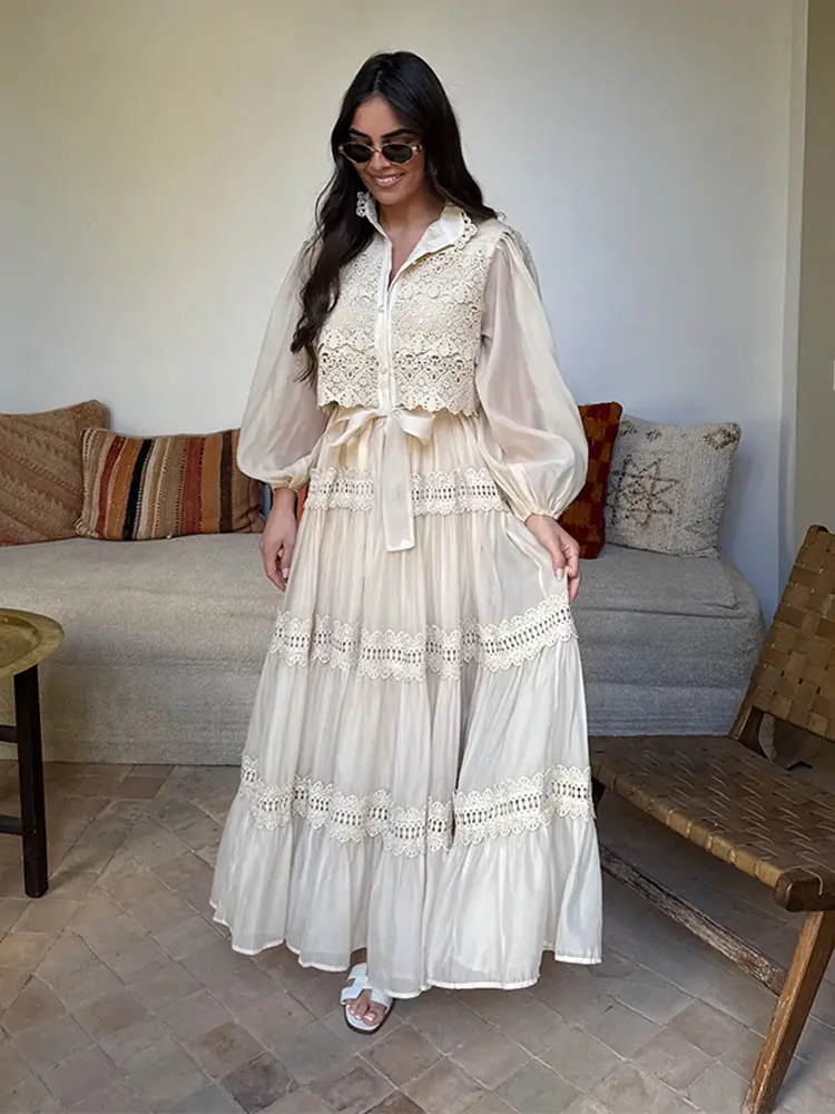 Elegant Embroidery Lace A-Line Dress with Full Sleeves & Belt - Image 5
