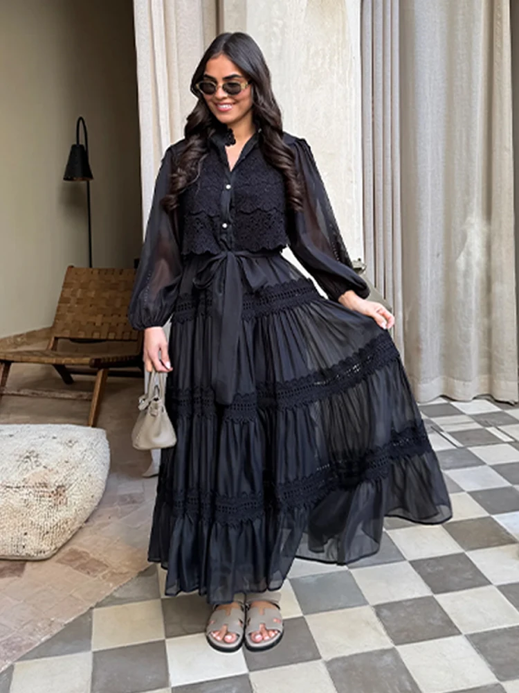 Elegant Embroidery Lace A-Line Dress with Full Sleeves & Belt - Image 6