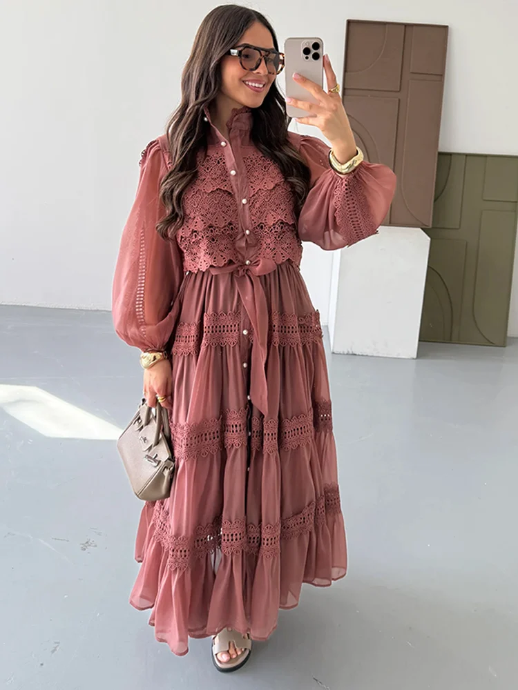 Elegant Embroidery Lace A-Line Dress with Full Sleeves & Belt - Image 8