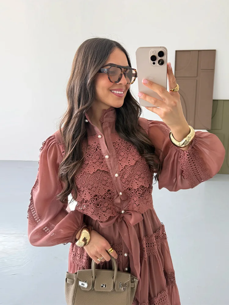 Elegant Embroidery Lace A-Line Dress with Full Sleeves & Belt - Image 9