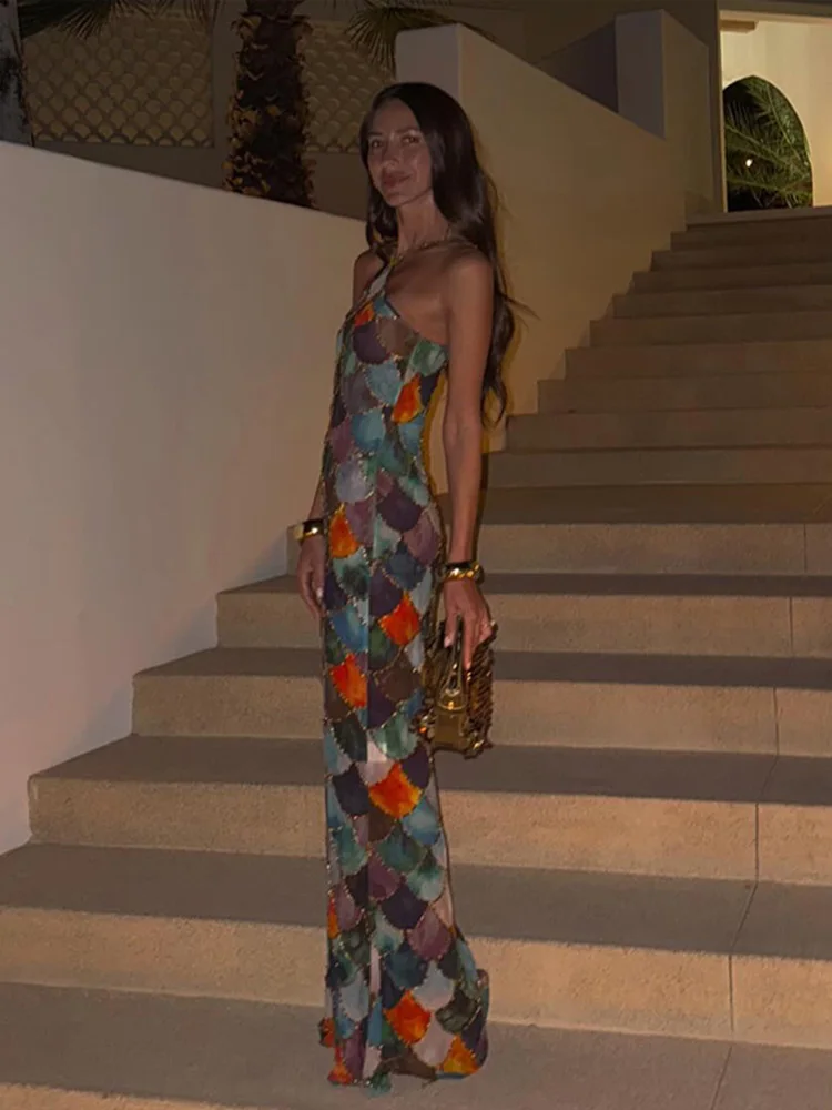 Elegant Halter Sleeveless Bodycon Long Dress for Women Retro Printed Summer Party - Image 5