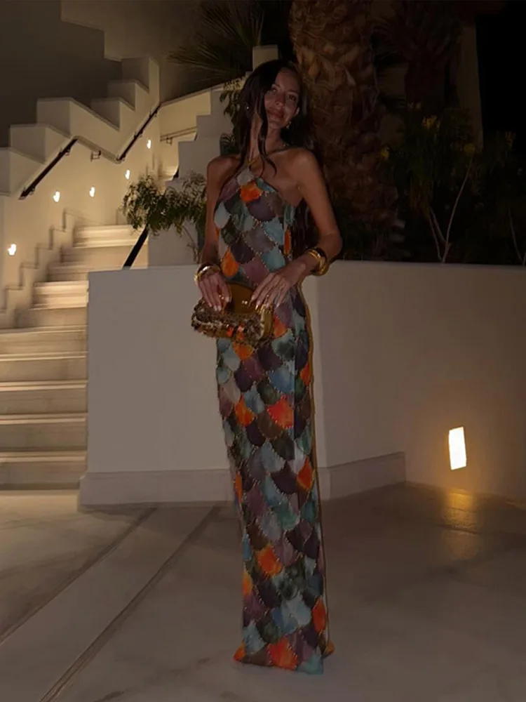 Elegant Halter Sleeveless Bodycon Long Dress for Women Retro Printed Summer Party - Image 6