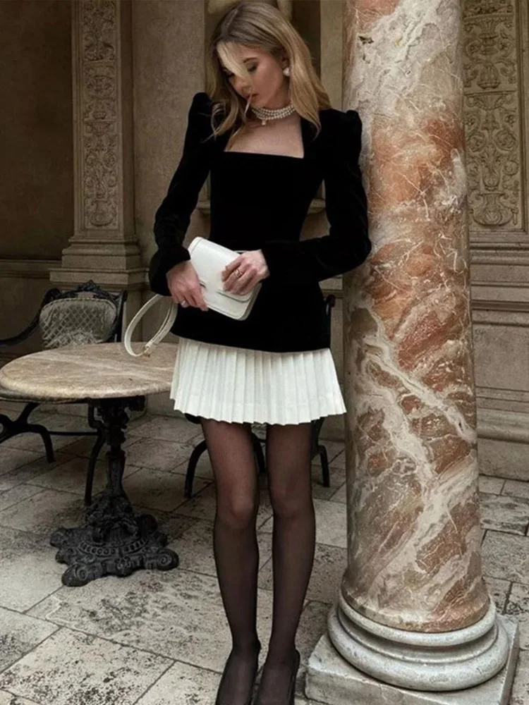 Elegant Velvet Square Collar Mini Dress for Women - Solid Long Sleeve Pleated Hem Partywear - Image 4