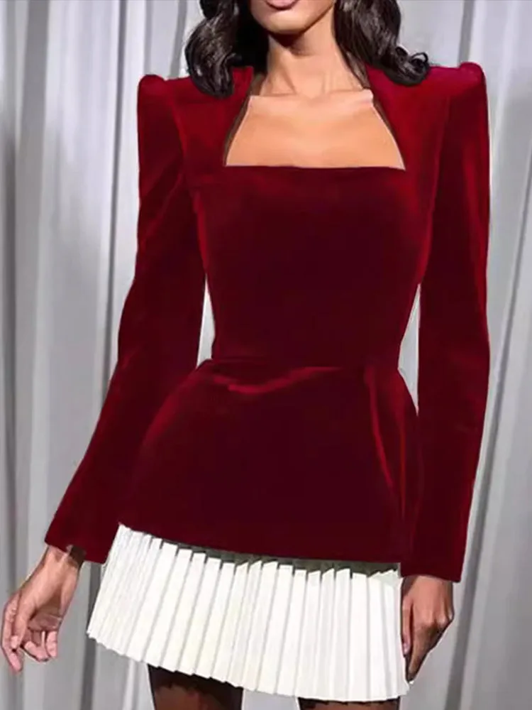 Elegant Velvet Square Collar Mini Dress for Women - Solid Long Sleeve Pleated Hem Partywear - Image 7