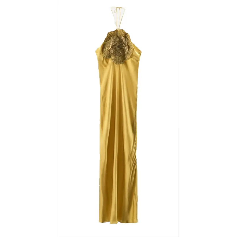 Sexy 3D Flower Halter Dress Women Sleeveless Backless Party Bodycon Midi Summer Evening Outfit