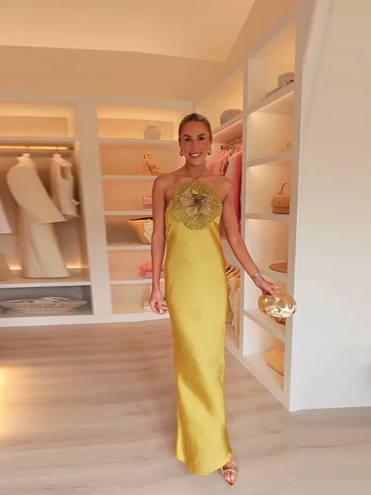 Sexy 3D Flower Halter Dress Women Sleeveless Backless Party Bodycon Midi Summer Evening Outfit - Image 3