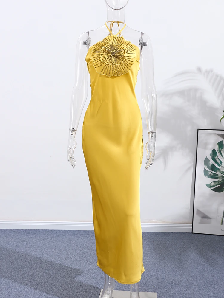 Sexy 3D Flower Halter Dress Women Sleeveless Backless Party Bodycon Midi Summer Evening Outfit - Image 5