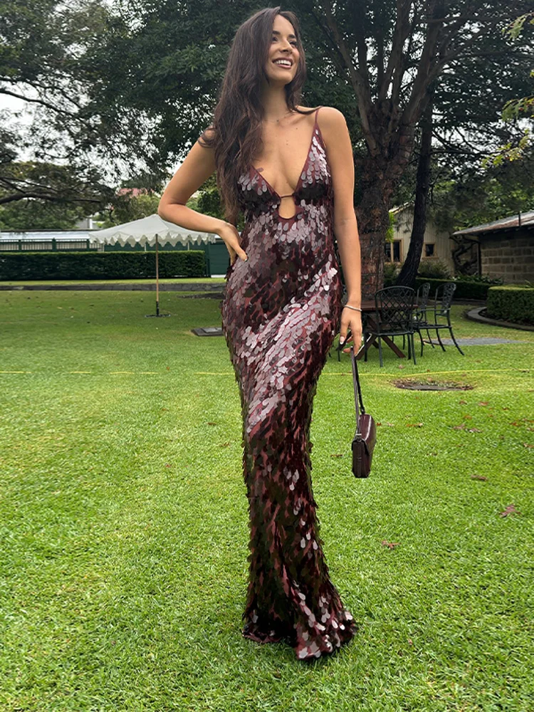 Shimmer Sequin Deep V-Neck Backless Maxi Dress for Women Party Evening Gown - Image 4