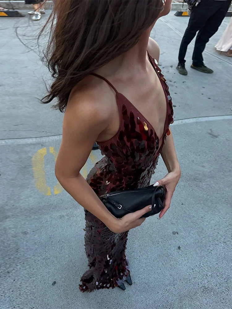 Shimmer Sequin Deep V-Neck Backless Maxi Dress for Women Party Evening Gown - Image 7