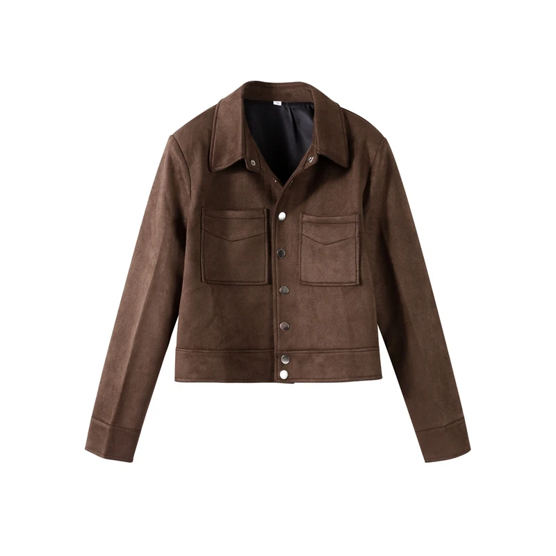 Vintage Brown Suede Jacket Women Single Breasted Lapel Short Coat Spring Chic Streetwear