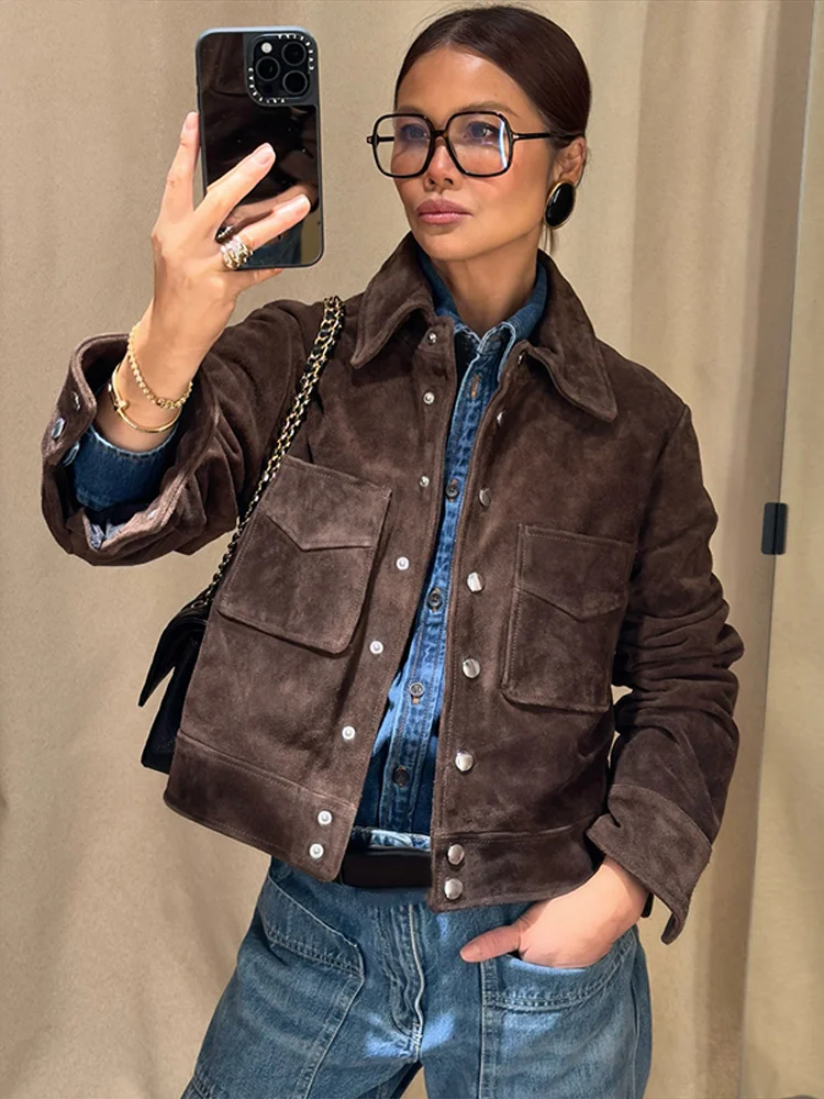 Vintage Brown Suede Jacket Women Single Breasted Lapel Short Coat Spring Chic Streetwear - Image 3