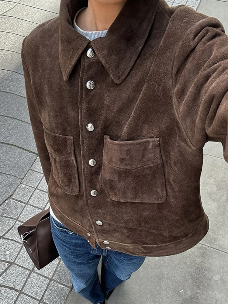 Vintage Brown Suede Jacket Women Single Breasted Lapel Short Coat Spring Chic Streetwear - Image 4