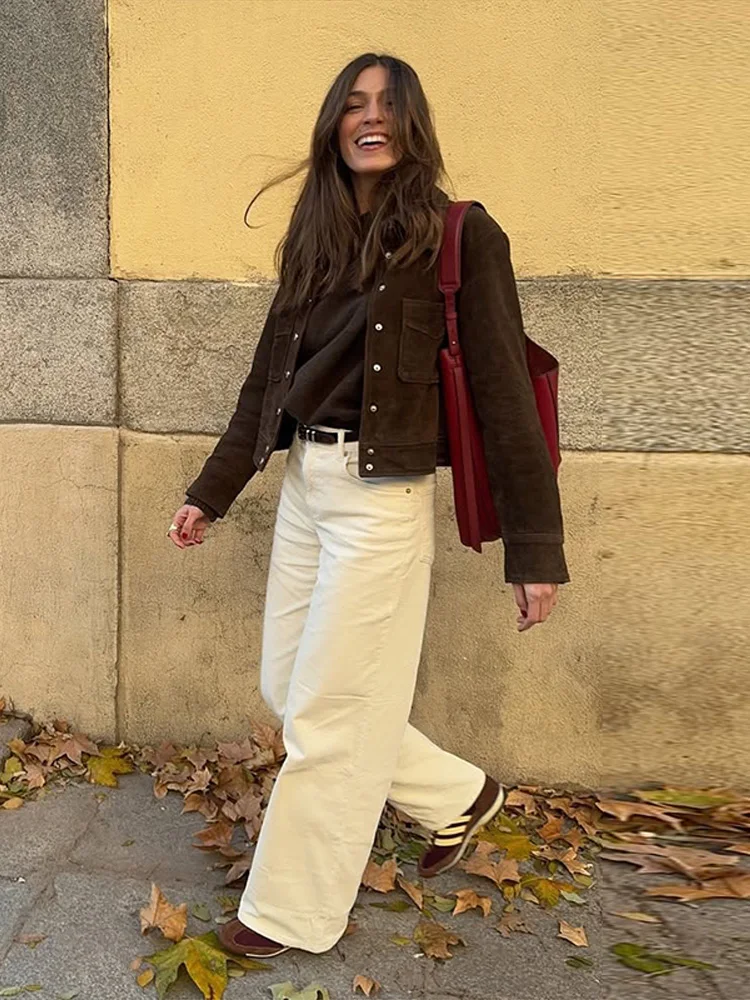 Vintage Brown Suede Jacket Women Single Breasted Lapel Short Coat Spring Chic Streetwear - Image 6