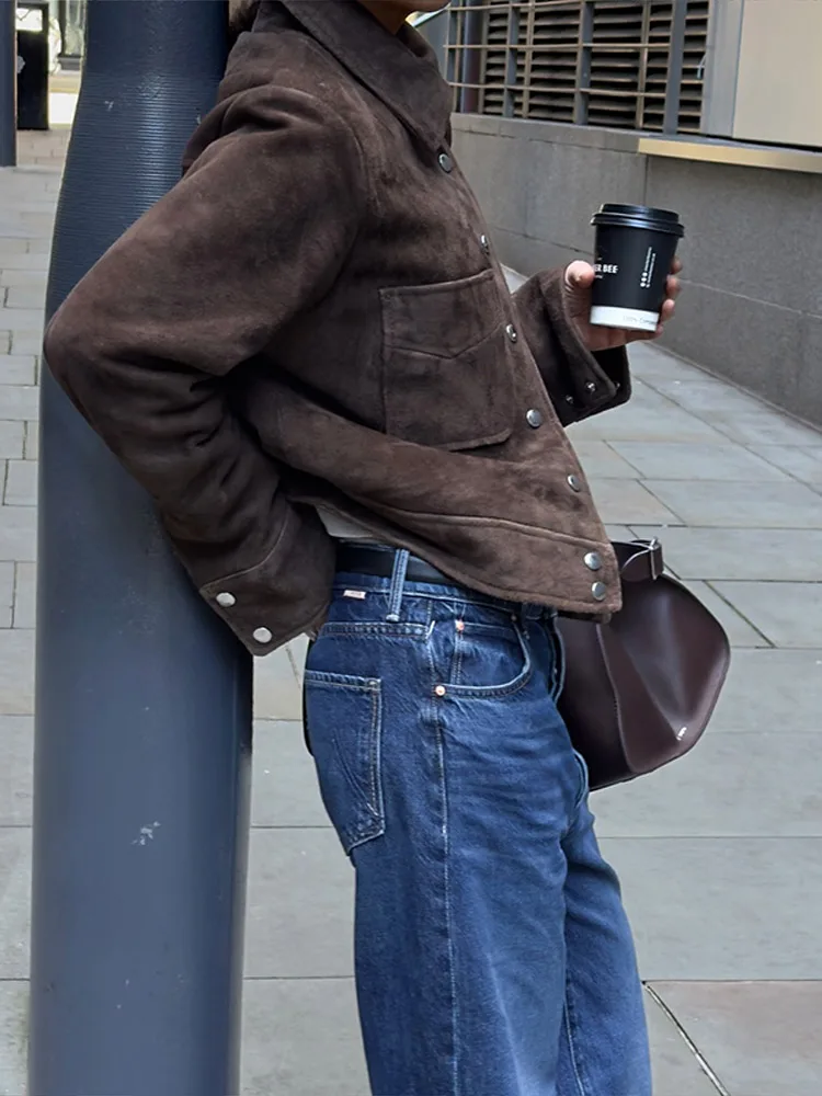 Vintage Brown Suede Jacket Women Single Breasted Lapel Short Coat Spring Chic Streetwear - Image 7