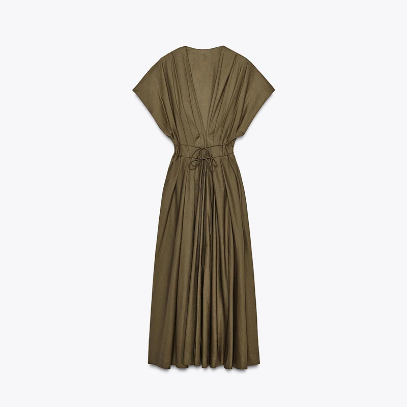Women's Deep V-Neck Long Dress with Flowing Sleeves and Waist Cinching - Image 2