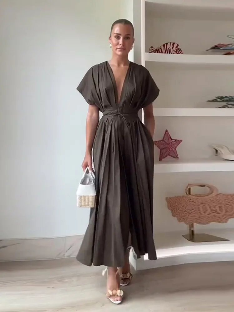 Women's Deep V-Neck Long Dress with Flowing Sleeves and Waist Cinching - Image 3