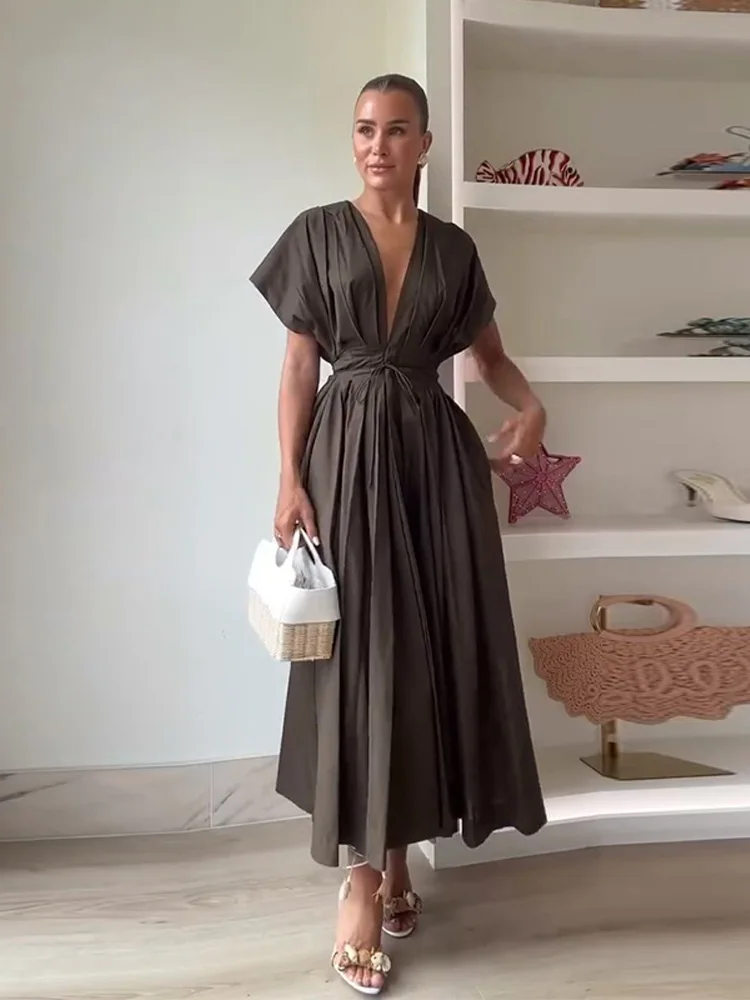 Women's Deep V-Neck Long Dress with Flowing Sleeves and Waist Cinching - Image 4