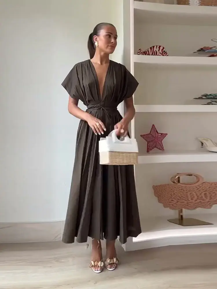 Women's Deep V-Neck Long Dress with Flowing Sleeves and Waist Cinching - Image 6