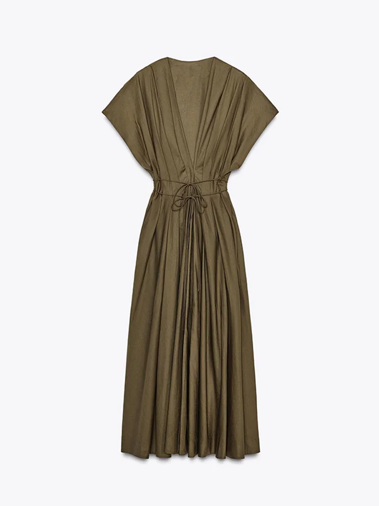 Women's Deep V-Neck Long Dress with Flowing Sleeves and Waist Cinching - Image 7