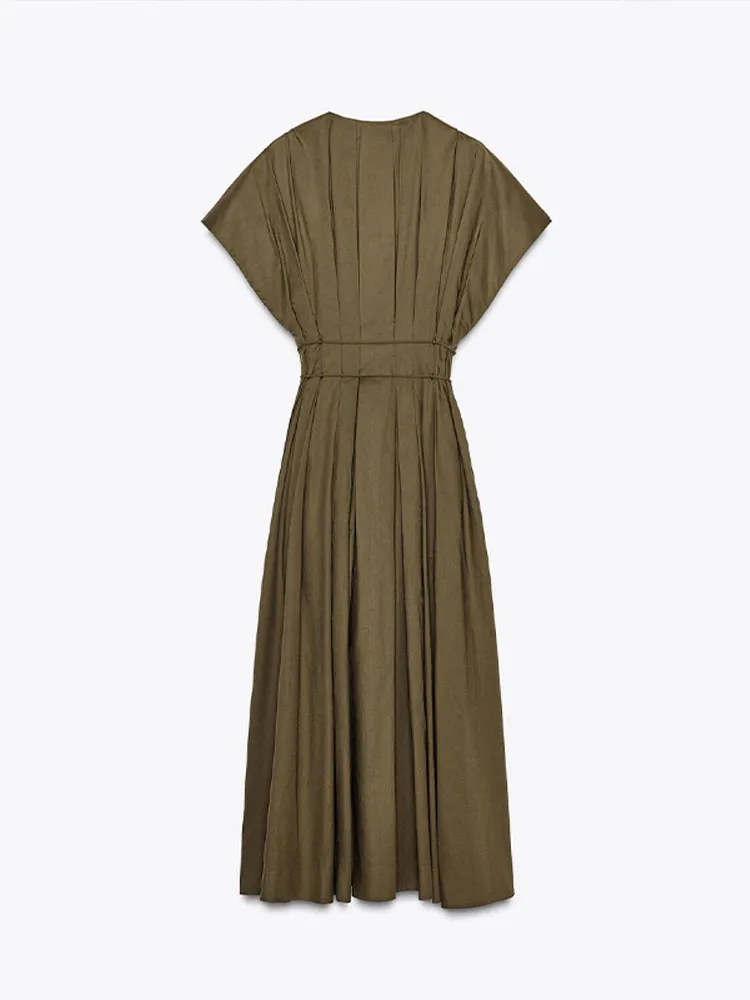 Women's Deep V-Neck Long Dress with Flowing Sleeves and Waist Cinching - Image 8