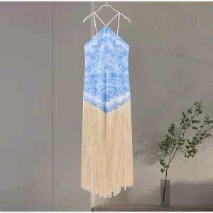 Women's Sexy Tassel Halter Long Dress Sleeveless Backless Summer Beach Party Maxi Dress