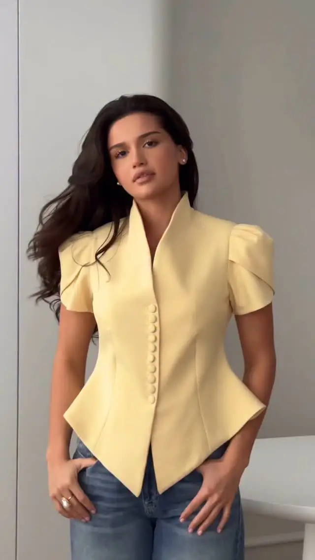 Women's Solid Casual Blazer with Stand Collar & Short Sleeves for Summer