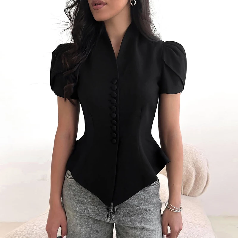 Women's Solid Casual Blazer with Stand Collar & Short Sleeves for Summer - Image 2