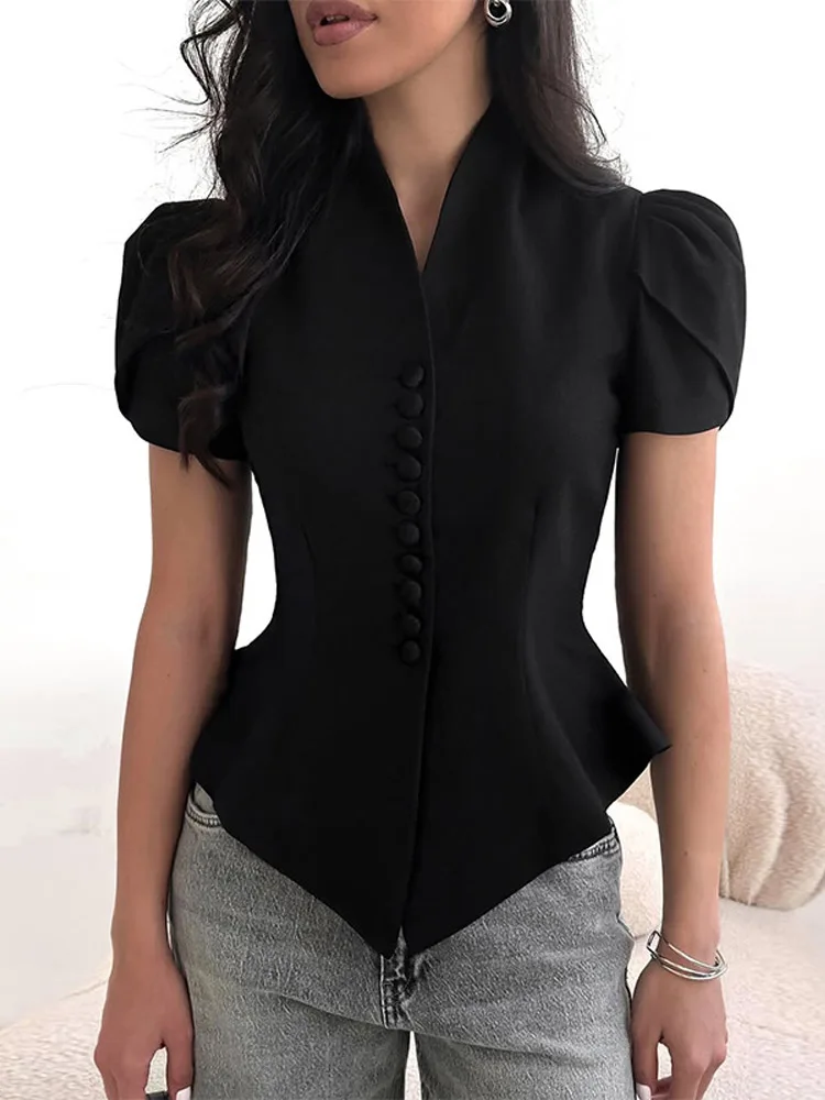 Women's Solid Casual Blazer with Stand Collar & Short Sleeves for Summer - Image 3